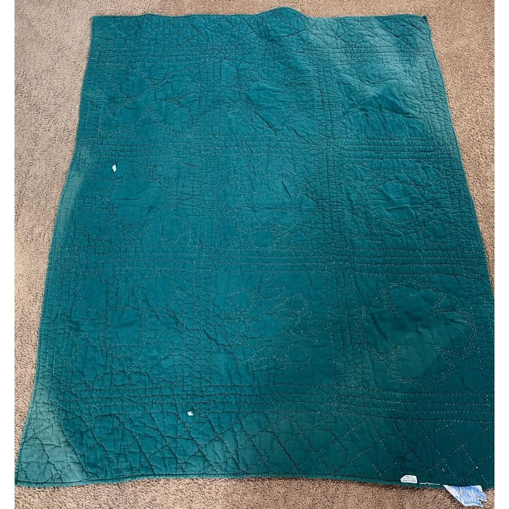 Vintage Impressions Green Floral Quilt Holiday Christmas Rips Stains 57.5" x 48" - Picture 10 of 14